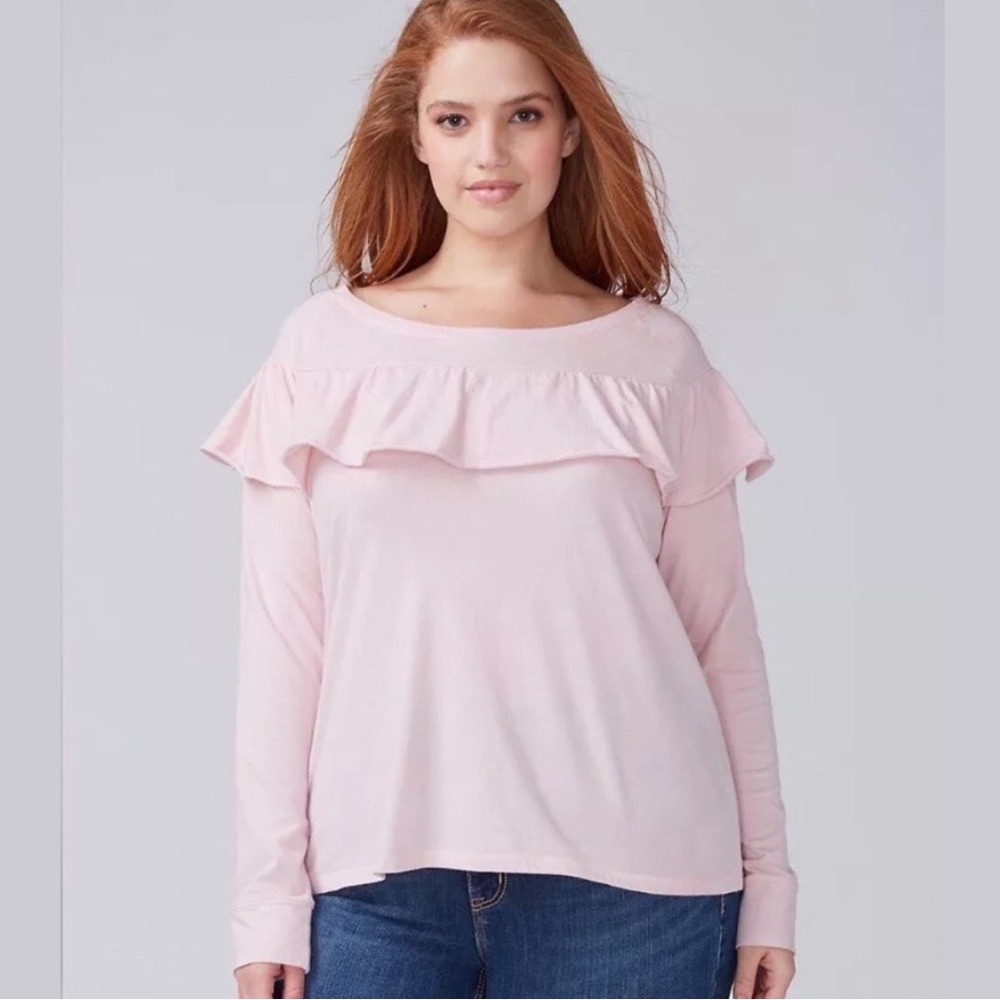 Lane Bryant Pink Ruffle Yoke Long Sleeve Tee Top Blouse Plus Size 14/16 NEW